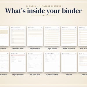 May include: A 60-page binder organizer with 14 tabbed sections titled What's inside your binder. The pages include Read this first, Where it all is, Key contacts, Legal papers, Bank accounts, Bills & autopay, Life insurance, Digital access, Pet care plan, Funeral wishes, Letters, and Next steps.
