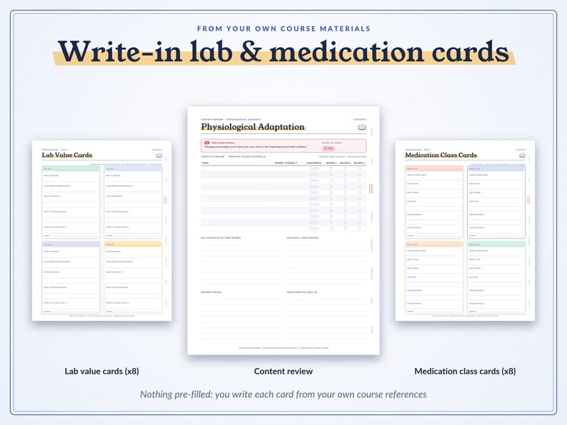 May include: A set of write-in lab and medication cards featuring a central content review sheet titled Physiological Adaptation, flanked by Lab Value Cards and Medication Class Cards with blank fields for personal course notes.