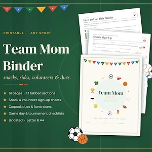 Team Mom Binder Printable: Youth Sports Planner, Snack Schedule, Carpool & Volunteer Sign-Up Sheets
