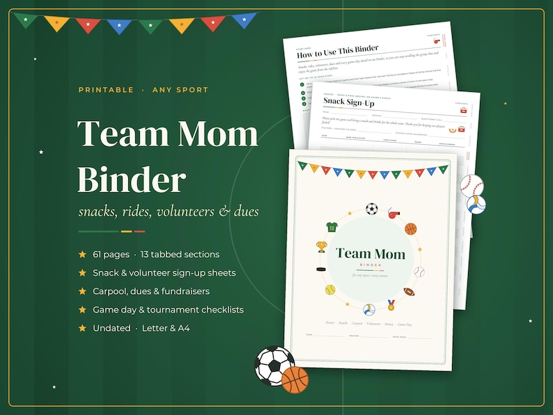 Może przedstawiać: Segregator do druku Team Mom Binder zawierający 61 stron i 13 sekcji z zakładkami do organizacji sportowej. Okładka zawiera napis Team Mom Binder z ikonami sportowymi, a dodatkowe strony to How to Use This Binder oraz Snack Sign Up.