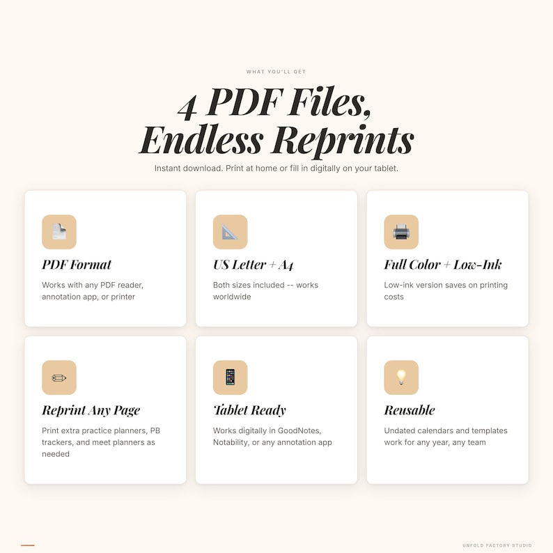 K&ouml;nnte beinhalten: Eine Produktinformationsgrafik mit dem Titel 4 PDF Files, Endless Reprints. Sie zeigt sechs wei&szlig;e quadratische Karten mit Symbolen und Text, die Funktionen wie PDF-Format, US Letter- und A4-Gr&ouml;&szlig;en, Vollfarbe, tintensparende Optionen, Tablet-Kompatibilit&auml;t und Wiederverwendbarkeit beschreiben.