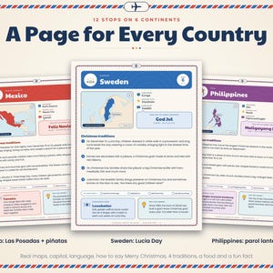 May include: Three educational pages titled A Page for Every Country, featuring maps and facts about Mexico, Sweden, and the Philippines. Each page includes a country name, capital, language, Christmas traditions, a food item, and a fun fact.