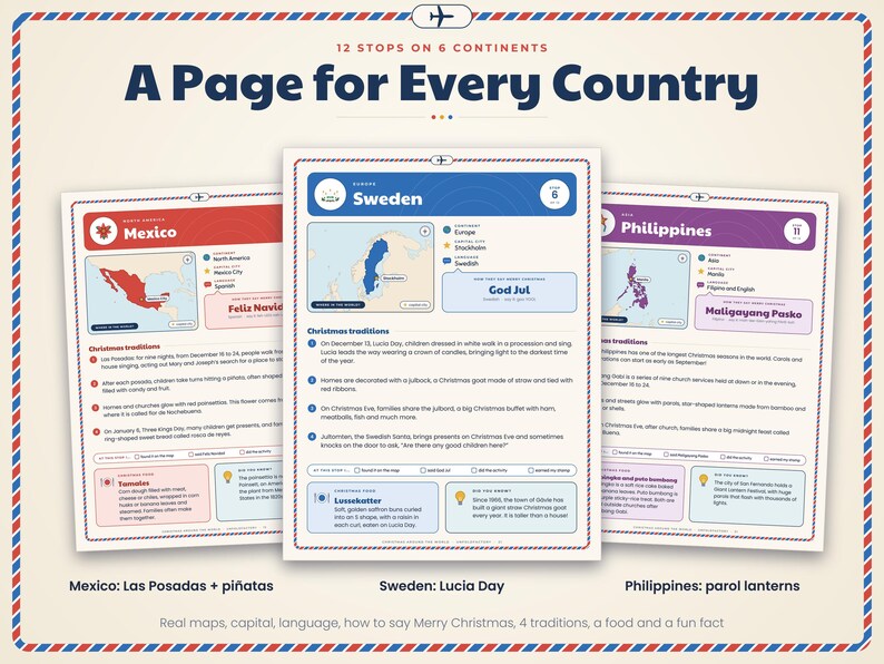 May include: Three educational pages titled A Page for Every Country, featuring maps and facts about Mexico, Sweden, and the Philippines. Each page includes a country name, capital, language, Christmas traditions, a food item, and a fun fact.