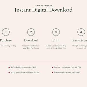 May include: An informational graphic titled How It Works Instant Digital Download. It outlines four steps: Purchase, Download, Print, and Frame & enjoy. It specifies 300 DPI high-resolution JPG, 5 ratios up to 24x36 inches, no physical item, and no frame.