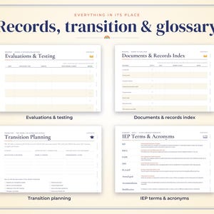 以下が含まれることがあります： 「Records, transition & glossary」と題されたデジタルプランナーのページセット。Evaluations & Testing、Documents & Records Index、Transition Planning、IEP Terms & Acronymsという4つの異なるテンプレートで構成され、明確な見出しと表で整理されています。