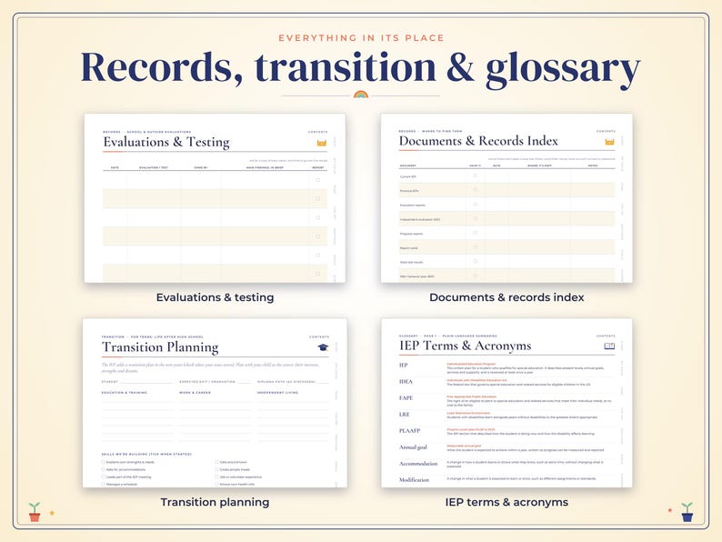 以下が含まれることがあります： 「Records, transition & glossary」と題されたデジタルプランナーのページセット。Evaluations & Testing、Documents & Records Index、Transition Planning、IEP Terms & Acronymsという4つの異なるテンプレートで構成され、明確な見出しと表で整理されています。