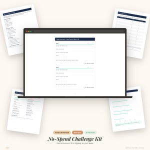 K&ouml;nnte beinhalten: Ein digitales No-Spend Challenge Kit wird auf einem Laptop-Bildschirm und mehreren umgebenden Seiten angezeigt. Der Laptop zeigt einen t&auml;glichen Tracker mit Eingabeaufforderungen. Das Kit enth&auml;lt 48 Seiten und 4 PDF-Dateien, die sofort heruntergeladen werden k&ouml;nnen. Der Text lautet "No-Spend Challenge Kit".