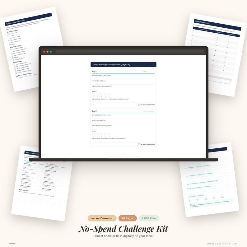 K&ouml;nnte beinhalten: Ein digitales No-Spend Challenge Kit wird auf einem Laptop-Bildschirm und mehreren umgebenden Seiten angezeigt. Der Laptop zeigt einen t&auml;glichen Tracker mit Eingabeaufforderungen. Das Kit enth&auml;lt 48 Seiten und 4 PDF-Dateien, die sofort heruntergeladen werden k&ouml;nnen. Der Text lautet "No-Spend Challenge Kit".