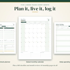 May include: A digital planner set featuring three pages: a January paycheck planner, a dated monthly calendar for January, and a January spending log. The text reads: Five linked pages every month, Plan it, live it, log it, plus a bill checklist and month review: 60 monthly pages in all.