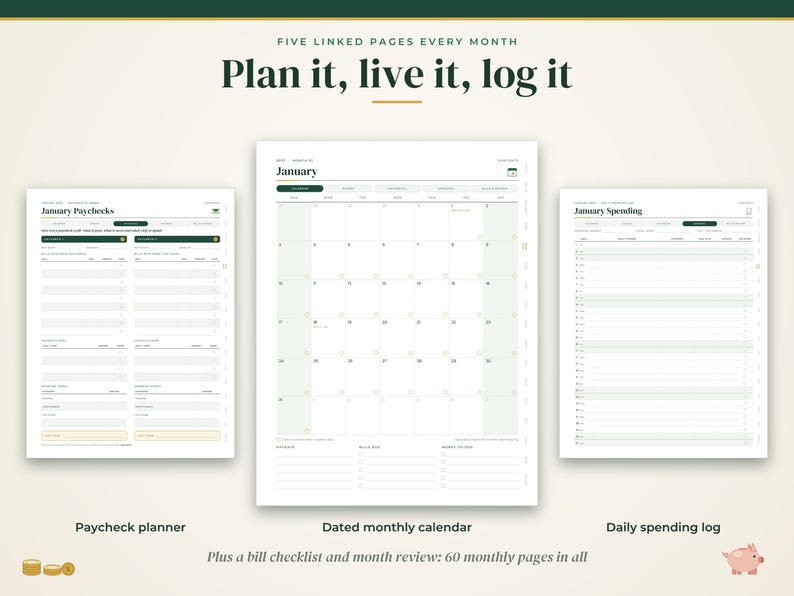 May include: A digital planner set featuring three pages: a January paycheck planner, a dated monthly calendar for January, and a January spending log. The text reads: Five linked pages every month, Plan it, live it, log it, plus a bill checklist and month review: 60 monthly pages in all.