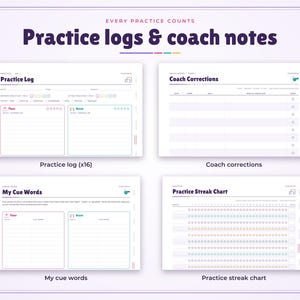 May include: A digital planner set titled Every Practice Counts featuring Practice logs & coach notes. Includes four distinct templates: Practice Log, Coach Corrections, My Cue Words, and a Practice Streak Chart with various coloured icons and text fields for tracking athletic progress.