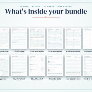 May include: A digital bundle of 27 nursing report sheets featuring 15 layouts including Head-to-toe, Clinical prep, 2-patient report, 3-patient report, 4-patient sheets, 6-patient quick, ICU systems, ICU flowsheet, SBAR handoff, Provider calls, Med pass tracker, and End-of-shift list.