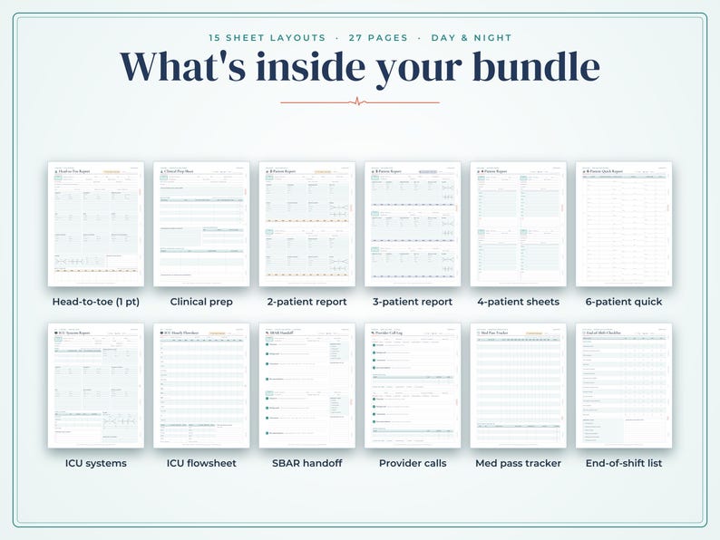 May include: A digital bundle of 27 nursing report sheets featuring 15 layouts including Head-to-toe, Clinical prep, 2-patient report, 3-patient report, 4-patient sheets, 6-patient quick, ICU systems, ICU flowsheet, SBAR handoff, Provider calls, Med pass tracker, and End-of-shift list.