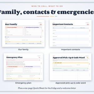 May include: A digital planner set titled Family, contacts & emergencies featuring four templates: Our Family, Important Contacts, Emergency Plan, and Approved Pick-Up & Code Word. Each page includes labeled fields for personal information.