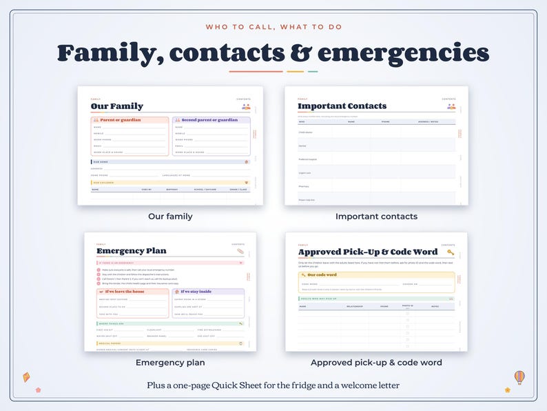 May include: A digital planner set titled Family, contacts & emergencies featuring four templates: Our Family, Important Contacts, Emergency Plan, and Approved Pick-Up & Code Word. Each page includes labeled fields for personal information.