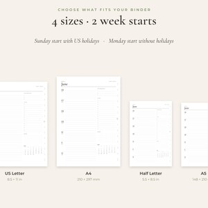 May include: Four white planner refill pages in US Letter (8.5 x 11 in), A4 (210 x 297 mm), Half Letter (5.5 x 8.5 in), and A5 (148 x 210 mm) sizes. Text reads: CHOOSE WHAT FITS YOUR BINDER, 4 sizes, 2 week starts, Sunday start with US holidays, Monday start without holidays.