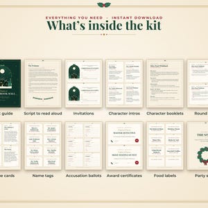 Op de afbeelding: Een printbare moordmysterie-spelset getiteld Murder at Hollybrook Hall, met een gastheergids, script, uitnodigingen, karakterintroducties, boekjes, aanwijzingskaarten, naamkaartjes, beschuldigingsformulieren, certificaten, voedseletiketten en feestborden.