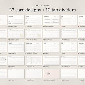 Puede incluir: Una colecci&oacute;n de 27 tarjetas rectangulares blancas y 12 separadores con varios dise&ntilde;os organizativos, incluyendo listas, cuadr&iacute;culas y planificadores. El texto "WHAT'S INSIDE 27 card designs + 12 tab dividers" est&aacute; impreso en la parte superior.