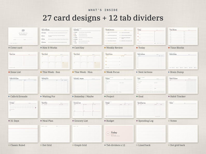 Puede incluir: Una colecci&oacute;n de 27 tarjetas rectangulares blancas y 12 separadores con varios dise&ntilde;os organizativos, incluyendo listas, cuadr&iacute;culas y planificadores. El texto "WHAT'S INSIDE 27 card designs + 12 tab dividers" est&aacute; impreso en la parte superior.