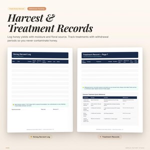 May include: A digital planner titled "Harvest & Treatment Records" with a cream background. The title is in a bold, elegant font. The planner includes sections for logging honey yields and tracking treatments, with a focus on moisture and floral source.