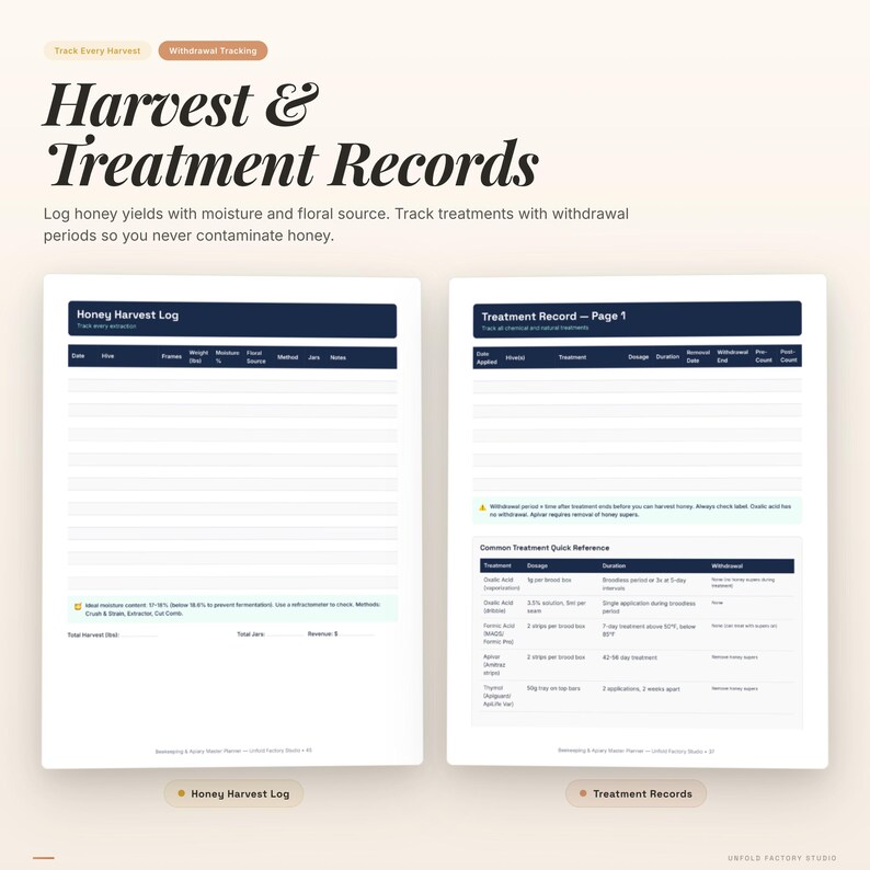 May include: A digital planner titled "Harvest & Treatment Records" with a cream background. The title is in a bold, elegant font. The planner includes sections for logging honey yields and tracking treatments, with a focus on moisture and floral source.