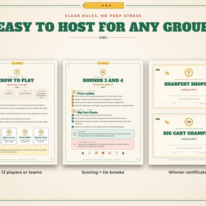 K&ouml;nnte beinhalten: Eine dreiseitige Spielanleitung mit dem Titel Easy to Host for Any Group. Die Seiten enthalten gr&uuml;nen und roten Text, der How to Play, Rounds 3 and 4 sowie zwei Urkunden f&uuml;r Sharpest Shopper und Big Cart Champion beschreibt.
