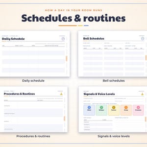 May include: A digital planner page titled Schedules & routines featuring four templates: Daily Schedule, Bell Schedules, Procedures & Routines, and Signals & Voice Levels with a color-coded chart for noise levels from 0 to 4.
