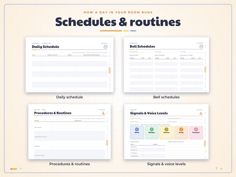 May include: A digital planner page titled Schedules & routines featuring four templates: Daily Schedule, Bell Schedules, Procedures & Routines, and Signals & Voice Levels with a color-coded chart for noise levels from 0 to 4.