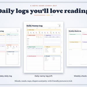 May include: A set of three printable log sheets featuring the text Daily logs you'll love reading, Baby Daily Log, Daily Nanny Log, and Weekly Check-In. The pages include sections for tracking meals, naps, diapers, and weekly tasks.