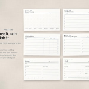 Puede incluir: Seis tarjetas de planificaci&oacute;n rectangulares blancas con texto y l&iacute;neas negras. Las tarjetas est&aacute;n etiquetadas como Brain Dump, Next Actions, Waiting For, Someday/Maybe, Project y Goal. Cada tarjeta incluye campos espec&iacute;ficos para organizar tareas y metas.