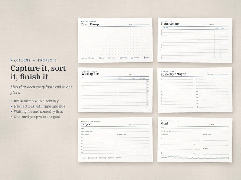 Puede incluir: Seis tarjetas de planificaci&oacute;n rectangulares blancas con texto y l&iacute;neas negras. Las tarjetas est&aacute;n etiquetadas como Brain Dump, Next Actions, Waiting For, Someday/Maybe, Project y Goal. Cada tarjeta incluye campos espec&iacute;ficos para organizar tareas y metas.
