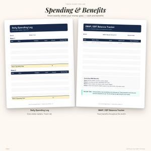 May include: Two white budget planner pages with dark blue headers. The left page is a Daily Spending Log for weeks 1 and 2. The right page is a SNAP / EBT Balance Tracker with a section for stretching benefits and a motivational note at the bottom.