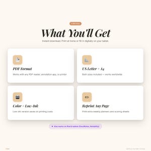 May include: An advertisement for a digital product, featuring the headline "What You'll Get." The image highlights four key features: PDF format, US Letter + A4 sizes, colour and low-ink options, and reprintable pages. The text mentions tablet compatibility.