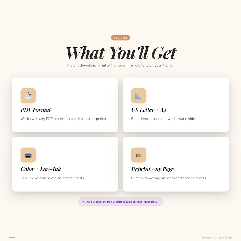 May include: An advertisement for a digital product, featuring the headline "What You'll Get." The image highlights four key features: PDF format, US Letter + A4 sizes, colour and low-ink options, and reprintable pages. The text mentions tablet compatibility.