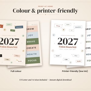 May include: A 2027 Vision Board Kit digital download featuring two sets of printable pages. One set is in full color with muted tones, and the other is a low-ink, printer-friendly version. Both sets include text labels like Dream, Grow, and Joy.