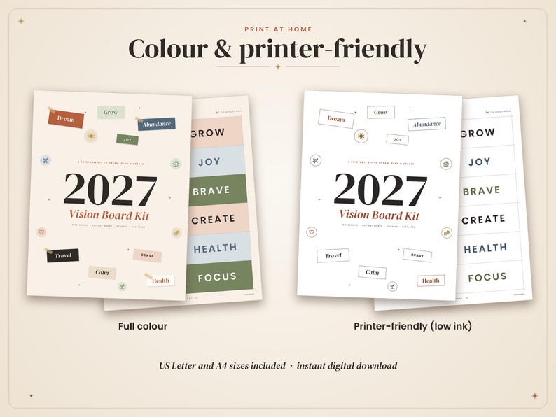 May include: A 2027 Vision Board Kit digital download featuring two sets of printable pages. One set is in full color with muted tones, and the other is a low-ink, printer-friendly version. Both sets include text labels like Dream, Grow, and Joy.