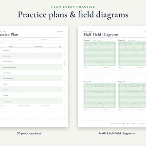 May include: Two digital planner pages titled Practice Plan and Half-Field Diagrams. The left page includes sections for date, time, location, and a table for drills. The right page features four green soccer field diagrams for tactical planning.