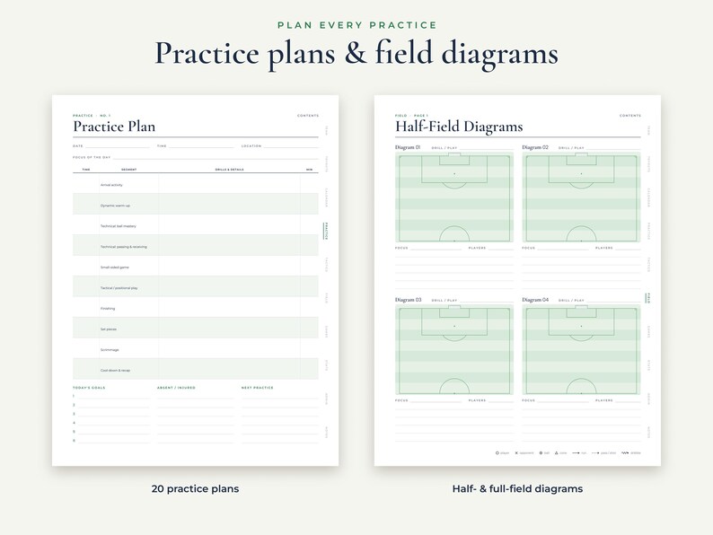 May include: Two digital planner pages titled Practice Plan and Half-Field Diagrams. The left page includes sections for date, time, location, and a table for drills. The right page features four green soccer field diagrams for tactical planning.