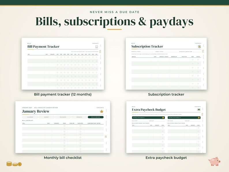 May include: A digital financial planner layout featuring four distinct pages: Bill Payment Tracker, Subscription Tracker, January Review, and Extra Paycheck Budget. The design uses a clean white background with dark green text and headers.