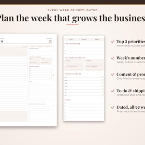 May include: A 2027 weekly business planner layout featuring a dated May 9-15 schedule, a side panel for top priorities, weekly numbers, content and promo tracking, and to-do lists. The text reads Plan the week that grows the business.