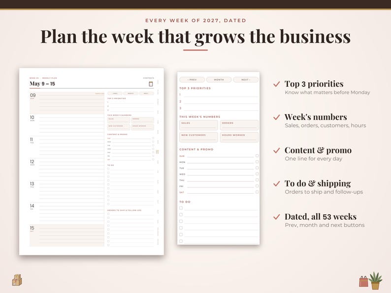 May include: A 2027 weekly business planner layout featuring a dated May 9-15 schedule, a side panel for top priorities, weekly numbers, content and promo tracking, and to-do lists. The text reads Plan the week that grows the business.