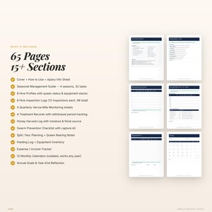 May include: A digital beekeeping planner with 65 pages and 15+ sections. Includes seasonal management guides, hive profiles, inspection logs, mite monitoring sheets, treatment records, and honey harvest logs. Also includes calendars and expense trackers.