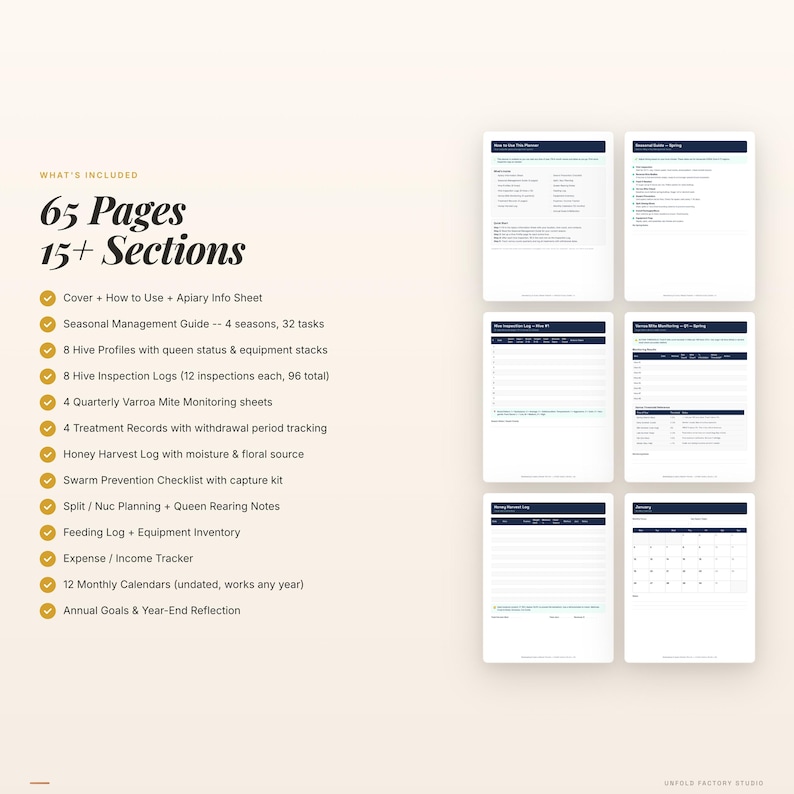 May include: A digital beekeeping planner with 65 pages and 15+ sections. Includes seasonal management guides, hive profiles, inspection logs, mite monitoring sheets, treatment records, and honey harvest logs. Also includes calendars and expense trackers.