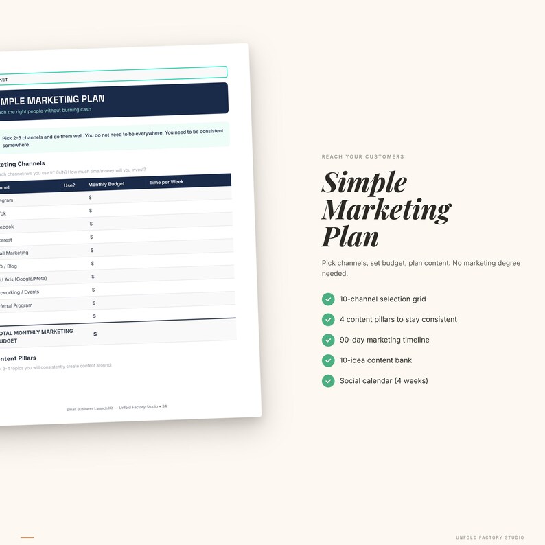 May include: A white document with a blue header titled "Simple Marketing Plan" and a list of marketing channels. The right side features the title "Simple Marketing Plan" and bullet points about content planning.