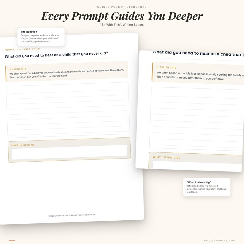 May include: Two open journal pages with prompts for self-reflection. The title "Every Prompt Guides You Deeper" is at the top. The prompts include questions about childhood needs and a space for notes. The journal is designed for "Sit With This" writing.