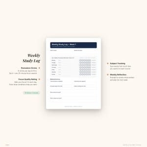 Op de afbeelding: Een witte Weekly Study Log met een donkerblauwe kop. De log bevat secties voor Pomodoro-cirkels, focuskwaliteitsbeoordeling en onderwerpvolging. Tekst aan de linkerkant beschrijft de kenmerken van de log, inclusief 18 weken.