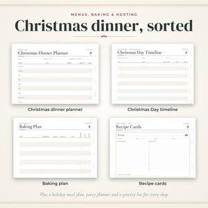 Może przedstawiać: Zestaw czterech arkuszy planowania do druku zatytułowanych Christmas dinner, sorted, zawierający Christmas Dinner Planner, Christmas Day Timeline, Baking Plan oraz Recipe Cards. Każdy biały arkusz zawiera ciemny tekst, linie i małą ikonę piernika.