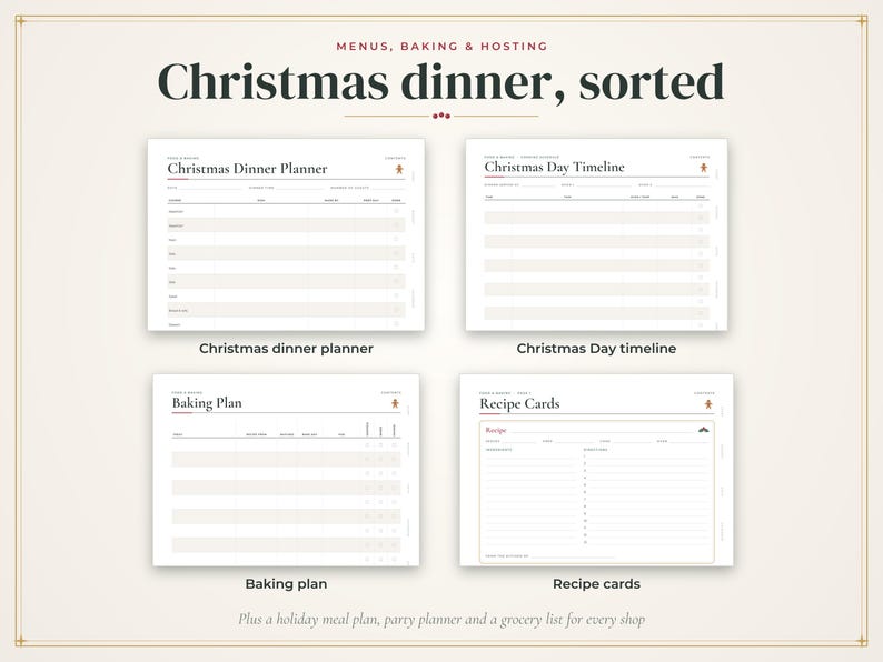 Może przedstawiać: Zestaw czterech arkuszy planowania do druku zatytułowanych Christmas dinner, sorted, zawierający Christmas Dinner Planner, Christmas Day Timeline, Baking Plan oraz Recipe Cards. Każdy biały arkusz zawiera ciemny tekst, linie i małą ikonę piernika.