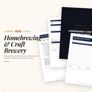 May include: Several white paper documents with the title "Homebrewing & Craft Brewery" and the text "Recipe planning, fermentation logs, tasting notes, and ingredient inventory for every batch you brew."