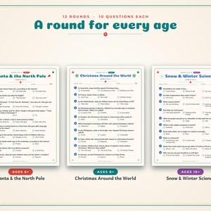 May include: A set of three printable trivia game sheets titled A round for every age, featuring 12 rounds with 10 questions each. The sheets are titled Santa & the North Pole, Christmas Around the World, and Snow & Winter Science.